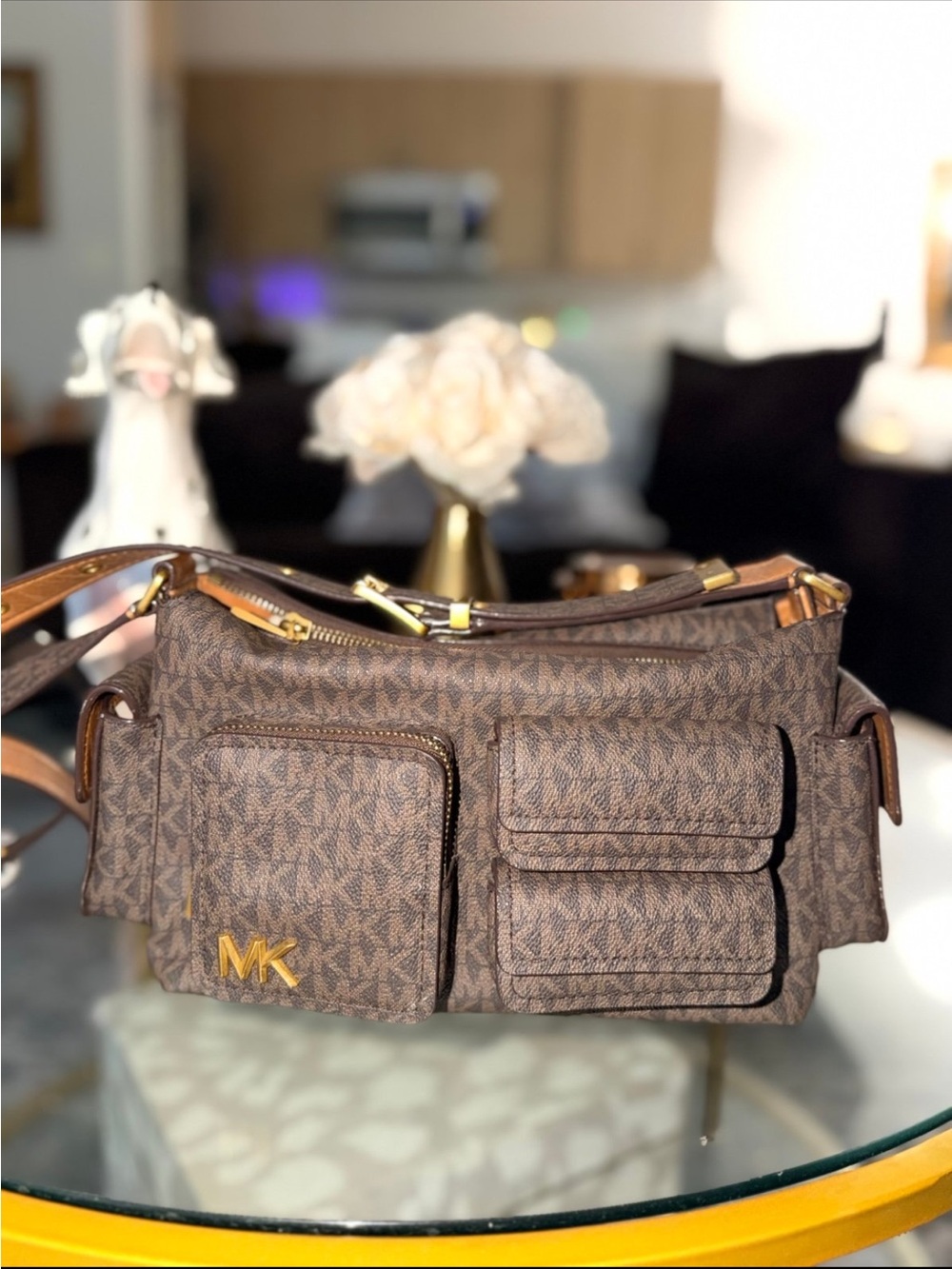 Michael Kors Brown Signature MK Logo Multi-Pocket Crossbody